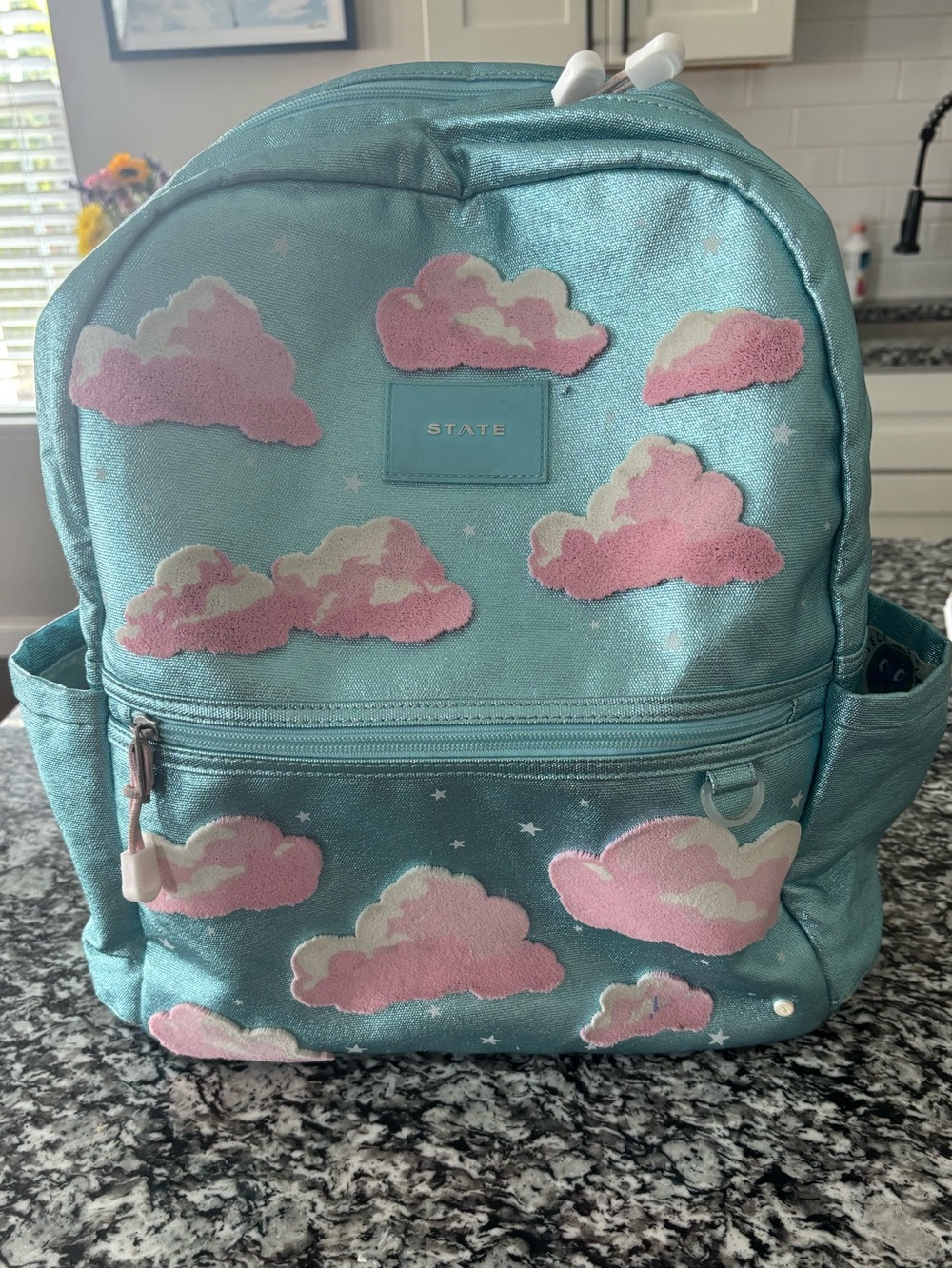 STATE Metallic Teal Kids Backpack with Pink Cloud Details